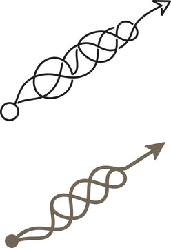 Tangled arrow vector icons with messy path and complex journey from start to finish for problem solving and process simplification
