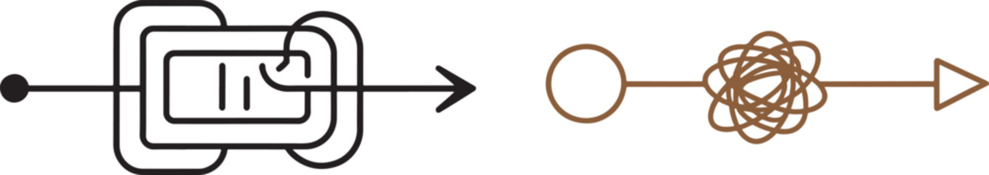 Process simplification and problem solving vector icons showing complex paths and tangled lines transforming into straight arrows