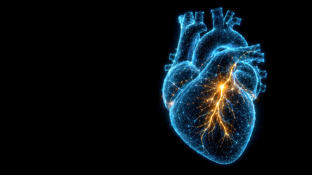 Digital blue wireframe human heart with glowing orange electrical conduction pathways