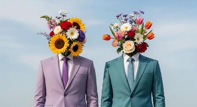 Two business men wearing suits with colorful flower bouquets for heads standing together in a creative portrait