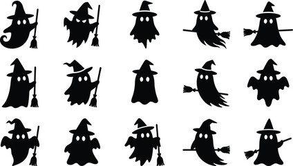 Obraz premium Halloween vector bundle 13 black silhouette ghosts and witches with hats and broomsticks for spooky decorations and designs