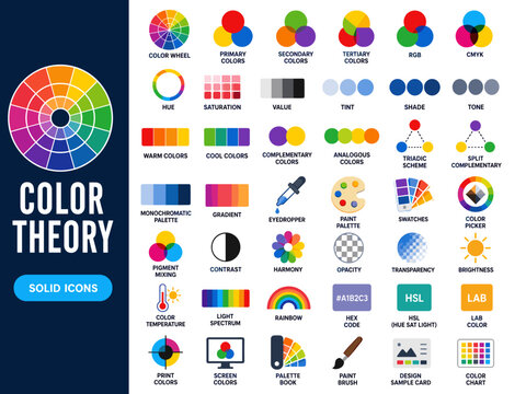 Color theory and design solid icon set with color wheel RGB CMYK palettes gradients and graphic design tools vector illustration