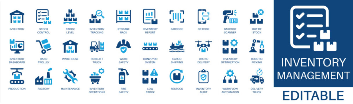 Inventory management and warehouse solid icon set. Featuring stock control, factory, production, inventory tracking, barcode, and delivery truck. Editable vector glyphs for supply chain and logistics.