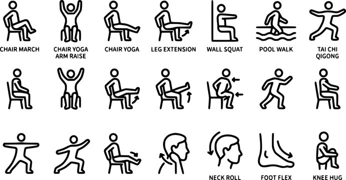 Low Impact Gentle Exercise Bold Line Icons-Chair March Chair Yoga Arm Raise Leg Extension Wall Squat Pool Walk Tai Chi Qigong Neck Roll Foot Flex Knee Hug-25 Gentle Exercise Icon Set Vector