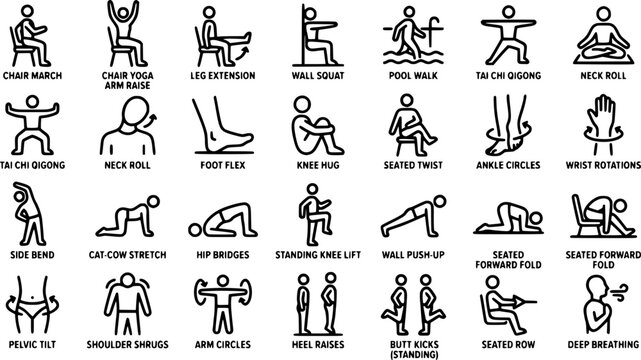 Low Impact Gentle Exercise Bold Line Icons-Chair March Chair Yoga Arm Raise Leg Extension Wall Squat Pool Walk Tai Chi Qigong Neck Roll Foot Flex Knee Hug-25 Gentle Exercise Icon Set Vector