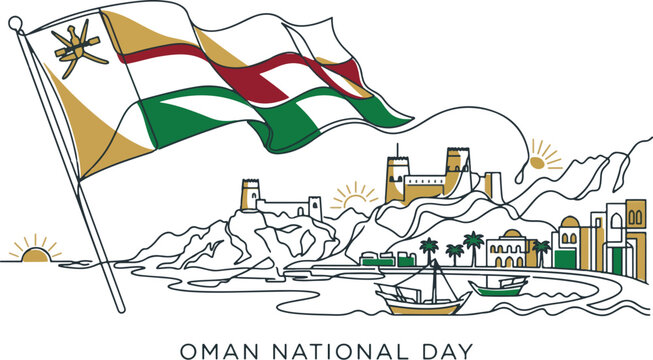 Oman national day concept features a stylized line art illustration of the national flag waving above historic coastal architecture and dhow boats.