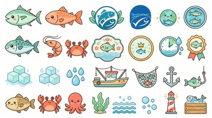 Naklejka premium Collection of vibrant cartoon sea animals, fishing boats, nets, and marine elements