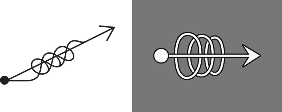 Process simplification vector icons showing tangled line versus straight arrow passing through rings for business efficiency