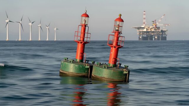 Red buoys floating on ocean waves with wind turbines turning in the background peaceful seascape