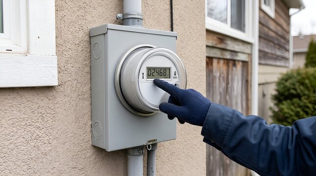 Technician in gloves points at electrical meter on house exterior wall.