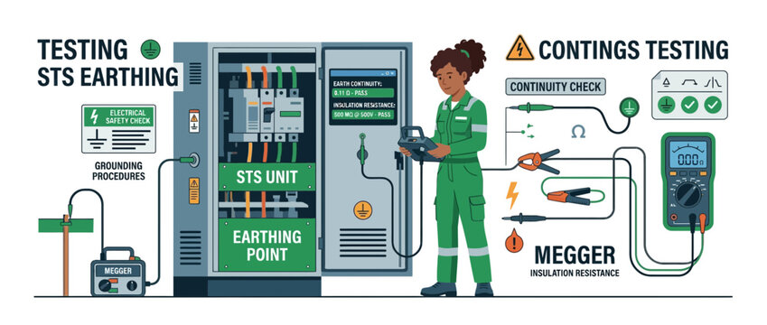 Electrician testing earthing system with megger and control panel