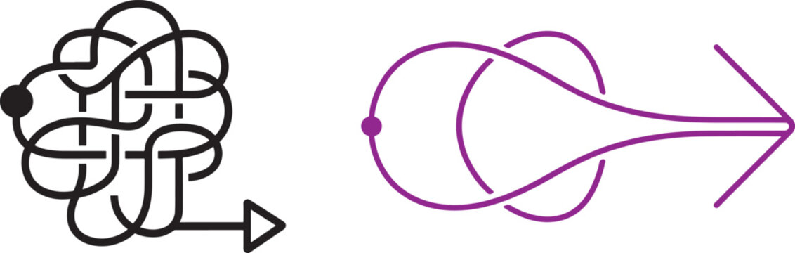 Vector icon set of tangled and simplified lines with arrows for problem solving and streamlining process