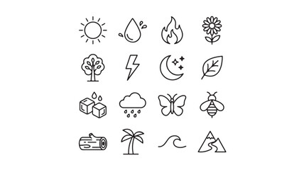 Fototapeta premium Minimalist nature line icons set, 16 environmental symbols vector, black outline weather and ecology elements for web design and mobile apps
