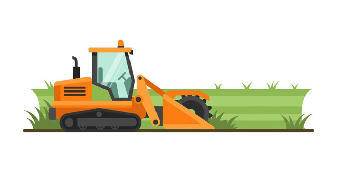Flat Vector Illustration of an Orange Crawler Trencher Machine Working in a Green Field for Construction and Agriculture Projects