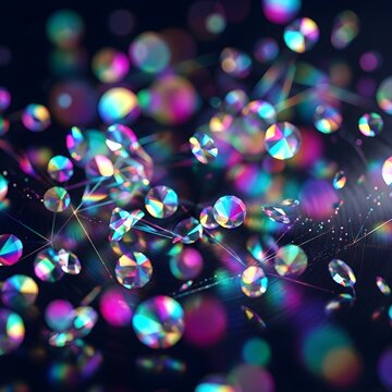 Close-up of colorful iridescent bubbles and reflections with vibrant bokeh background