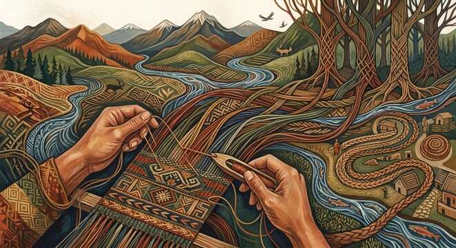 Ancestral hands craft a vibrant tapestry of nature and community