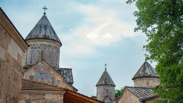 Haghartsin monastery stone domes near Dilijan with copy space sky