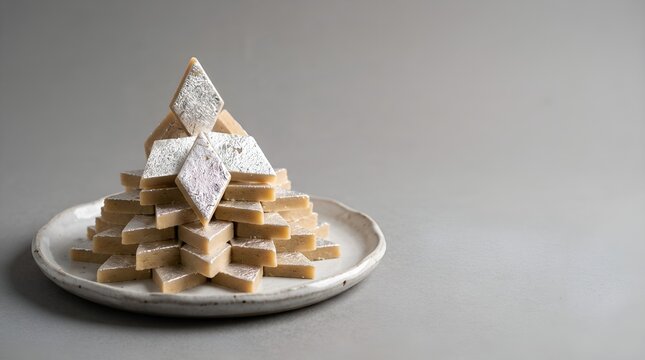 Traditional Kaju Katli Sweet Pyramid Platter with Copy Space