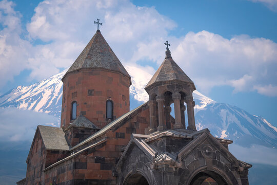 Khor Virap monastery church with mount Ararat background and copy space