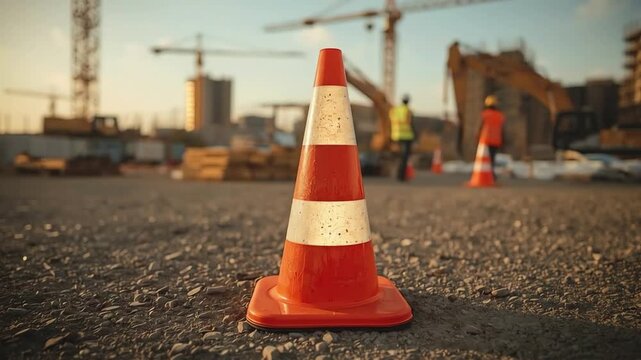 Bright Orange Traffic Cone Placed at a Large Construction Site During a Golden Sunset Hour