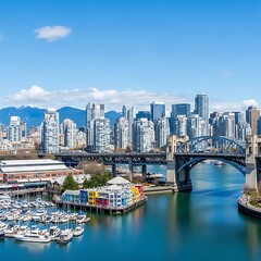Fototapeta premium Modern Waterfront City Skyline with Marina and Steel Bridge Under Blue Sky