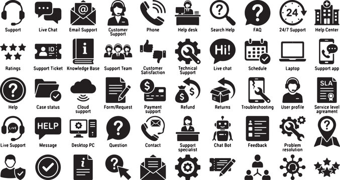 Customer support icon set, 50 professional help desk and service vector symbols, black solid call center and technical assistance icons for web UI