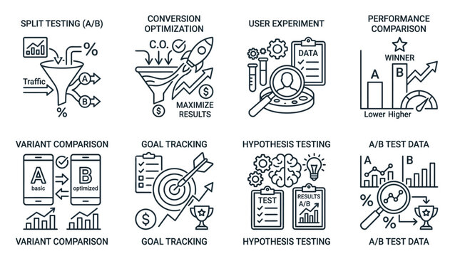 Graphic illustrations of A/B testing concepts including split testing, conversion optimization, and performance comparison.