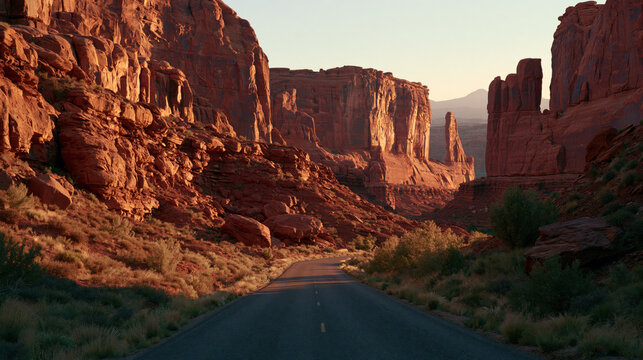 moab red rock canyon at sunrise with scenic desert road