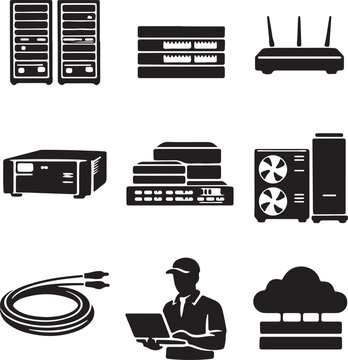 Complete data center infrastructure including server racks, network switches, routers, UPS system, storage devices, cooling units, fiber optic cables, technician, and cloud server