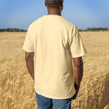 Blank light yellow t-shirt mockup on black man in wheat field at sunset, back view with copy space