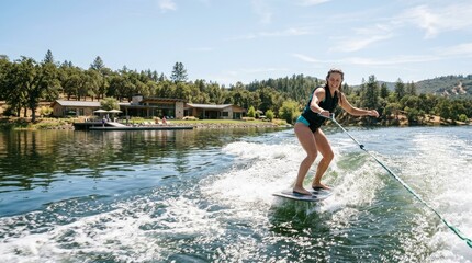 Fototapeta premium A woman wakeboards on a lake near a house and trees.