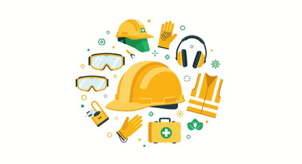 Naklejka premium PPE Safety Equipment Icons Set - Flat Vector Illustration of Industrial Construction Gear including Hard Hat, Goggles, Vest, Gloves, and Ear Protection