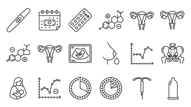 Women's Reproductive Health and Fertility Line Icons Set with Pregnancy, Menstrual Cycle, Contraception and Gynecology Outline Vector Collection