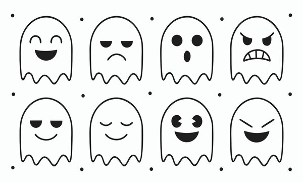 Ghost Faces Set with Various Emotions Showing Smiling, Angry, Sad, and Scared Expressions in Cartoon Vector Style