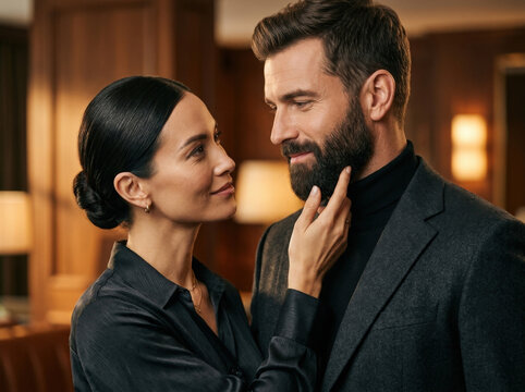woman admiring a beard touching bearded man's face