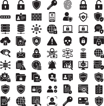 Cyber security icon set, 63 black solid vector symbols for data protection, network safety and privacy technology, internet encryption and hacker defense
