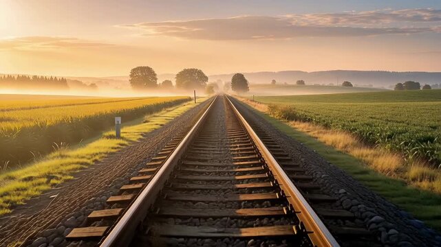 Serene sunrise over endless train tracks through golden fields in peaceful rural landscape