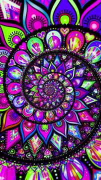 Seamless vertical video of a colorful mandala pattern swirl. Geometric graphic spiral with a psychedelic look.