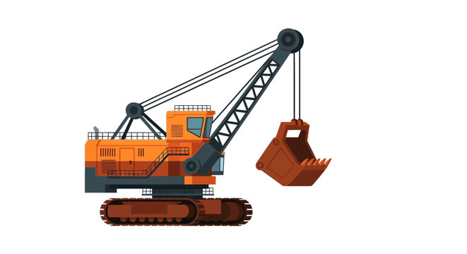 Heavy Duty Orange Dragline Excavator Vector Illustration. Industrial Construction and Mining Crawler Crane Isolated on White Background.