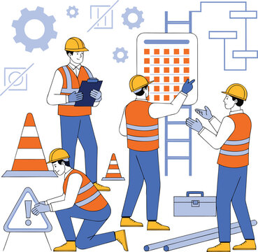 Construction Safety Inspection Team Flat Vector Illustration with Workplace Checklist