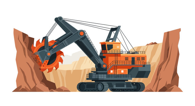 Industrial Bucket-Wheel Excavator Vector Illustration - Heavy Mining Machine Digging in an Open-Pit Quarry, Modern Flat Design Graphics