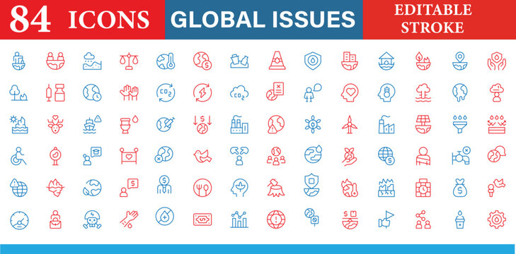 Global issues and social problems line icon set containing 84 linear vectors with editable stroke.