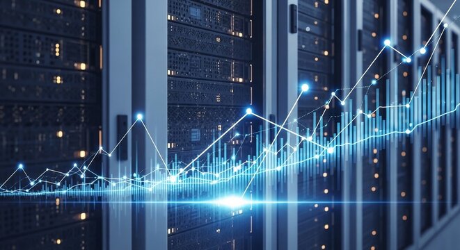 Server Room With Glowing Data Lines and Analytics Graph