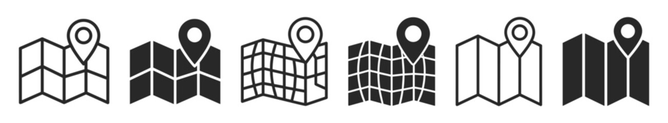 Set of map icons with location markers in various styles and designs for navigation and geographic representation on transparent background © KKeitlin