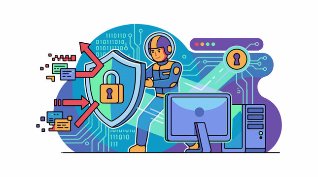 A cartoon astronaut protects a computer with a shield and lock