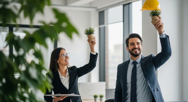 Smiling business professionals celebrating success with a small plant in a modern office setting, showcasing growth and teamwork.