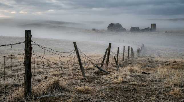 Desolate farm buildings stand behind a barbed wire fence in a misty field.