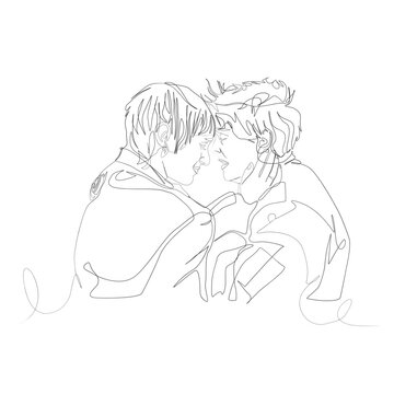 Two figures embrace tenderly, lines flowing with intimacy, continious line art illustration.