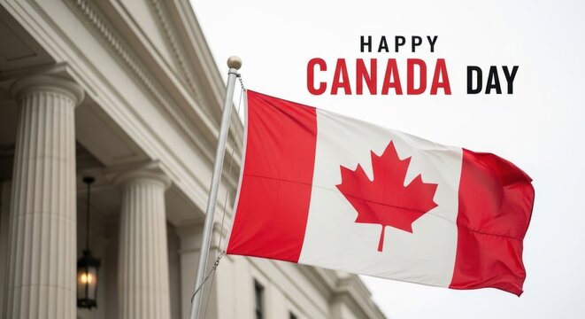 Happy Canada Day celebration with Canadian flag map and skyscrapers background