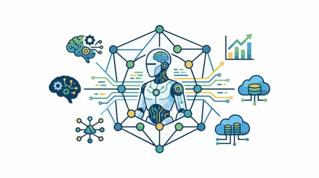 A futuristic robot meditates amidst a network of lines and nodes surrounded by brains clouds and graphs